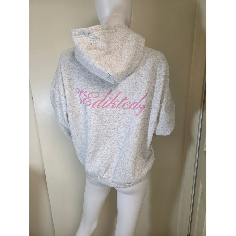 Edikted Grey Heather Pink Bow Graphic Oversized Hoodie Sweatshirt Medium - Picture 8 of 12